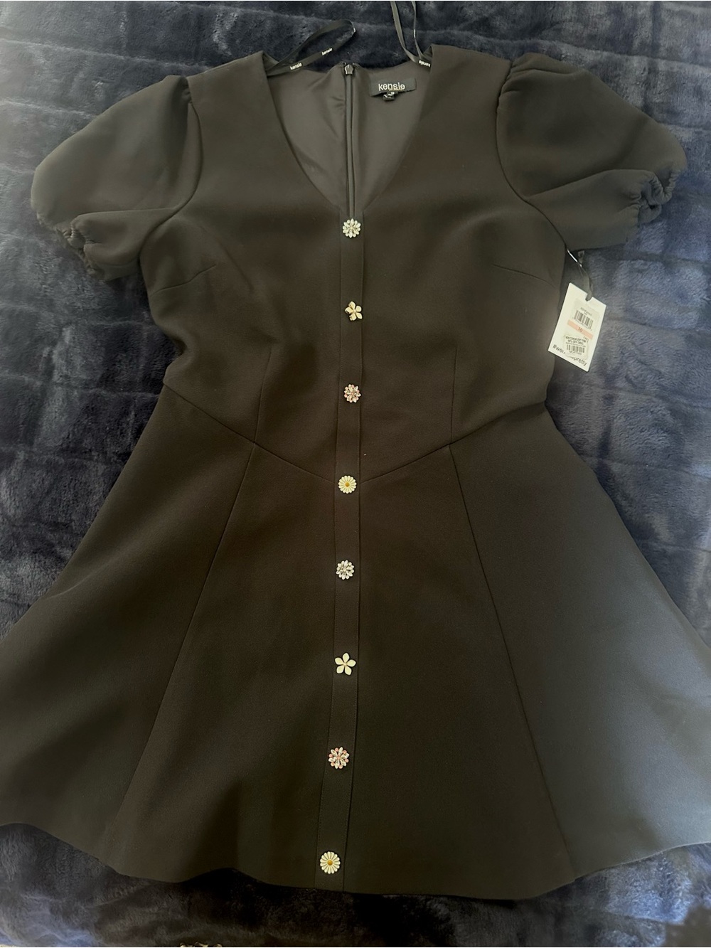 Kensie Black Short Sleeve Button-Front Dress with Floral Buttons